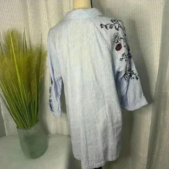 Soft Surroundings Women’s L Striped Linen Floral Embroidered Long Sleeve Tunic - Picture 5 of 9